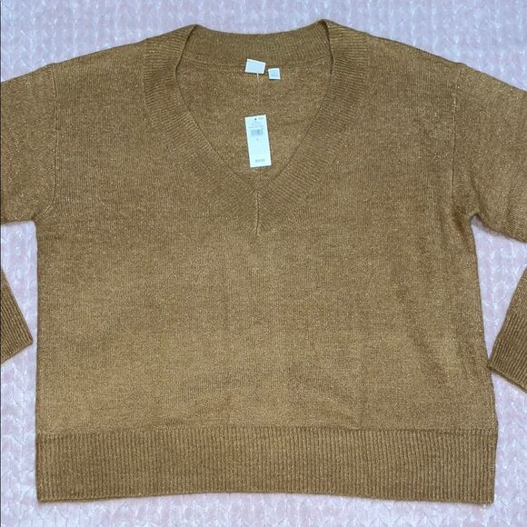 Gap Womens Sparkle Tan V Neck Knit Sweater - Picture 1 of 7